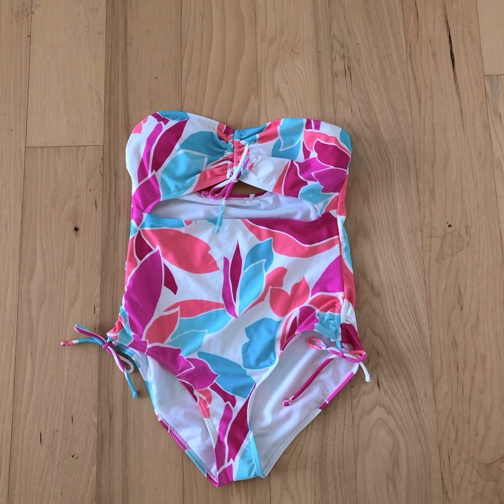Decree  pink Blue Floral Print One Piece Swimsuit Removable Cup Size Large